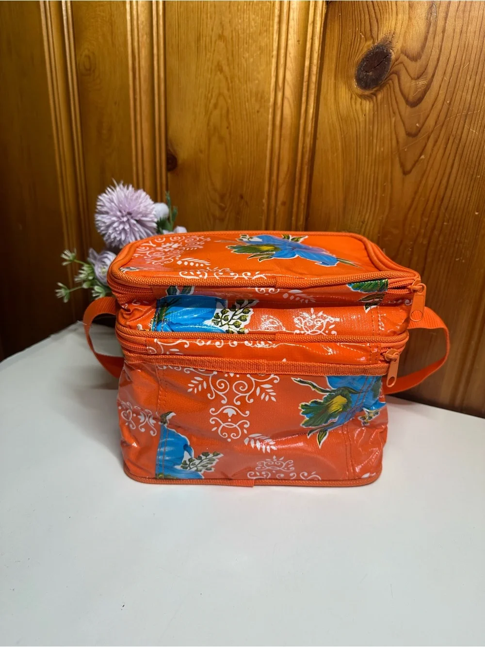 Orange Floral Vinyl lunch Bag
